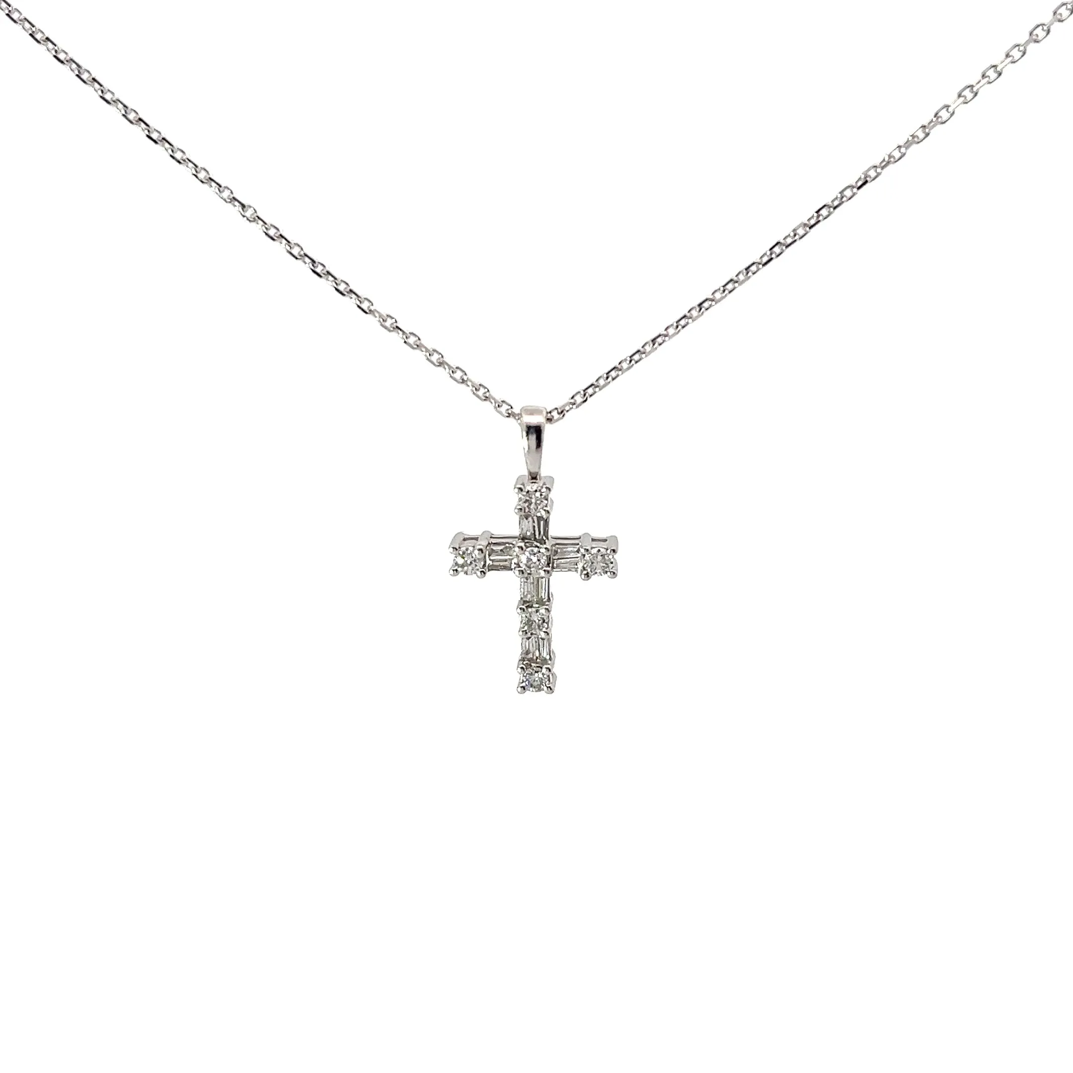 14k White Gold .40ct G VS2 Baguette and Round total weight of  Diamond Cross Pendant