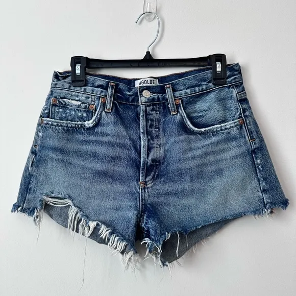 AGOLDE Women's Blue Denim Cutoff Raw Hem Shorts Size 27