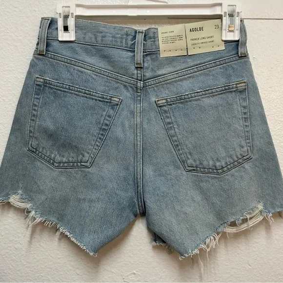 AGOLDE  Women’s Blue High-Waisted Jean Shorts with Frayed Hem
