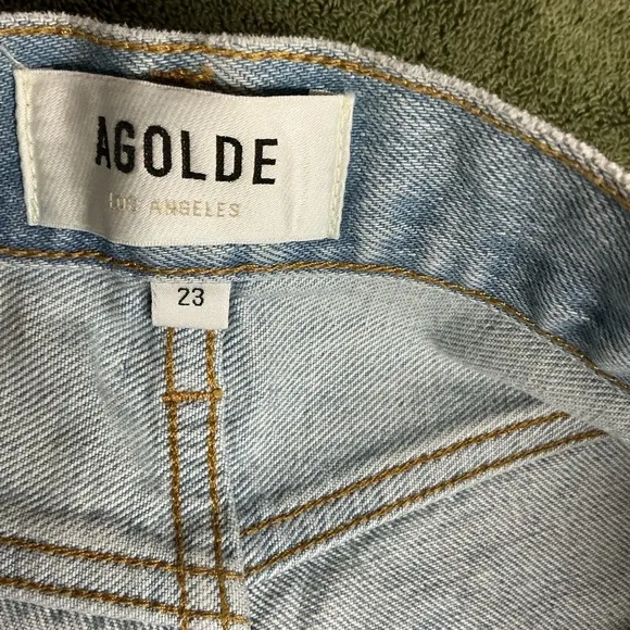 AGOLDE  Women’s Blue High-Waisted Jean Shorts with Frayed Hem