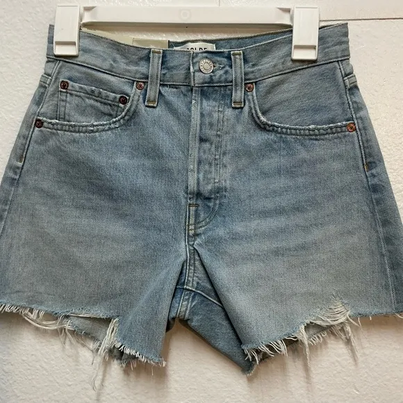 AGOLDE  Women’s Blue High-Waisted Jean Shorts with Frayed Hem