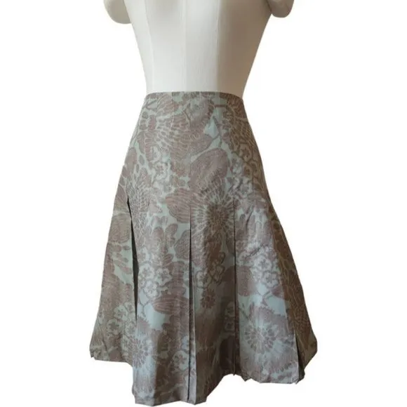 AKRIS green and brown floral pleated skirt