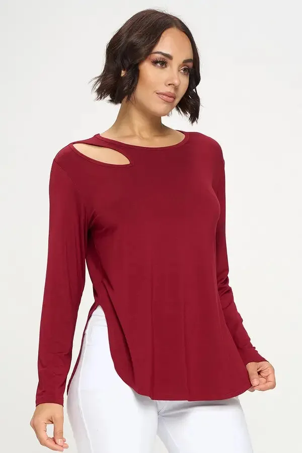 Almond Cut Out Long Sleeve Top Burgundy