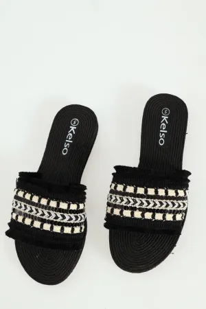 Aztec Print Tape Fringed Mule Sandal - Black