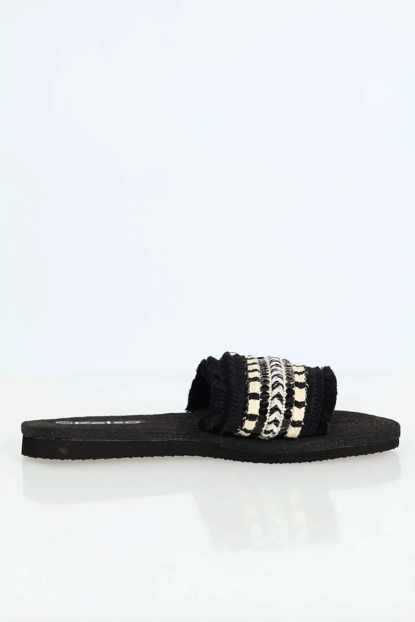 Aztec Print Tape Fringed Mule Sandal - Black