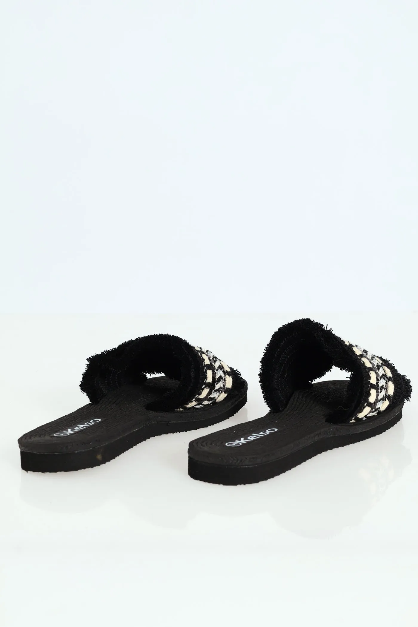 Aztec Print Tape Fringed Mule Sandal - Black