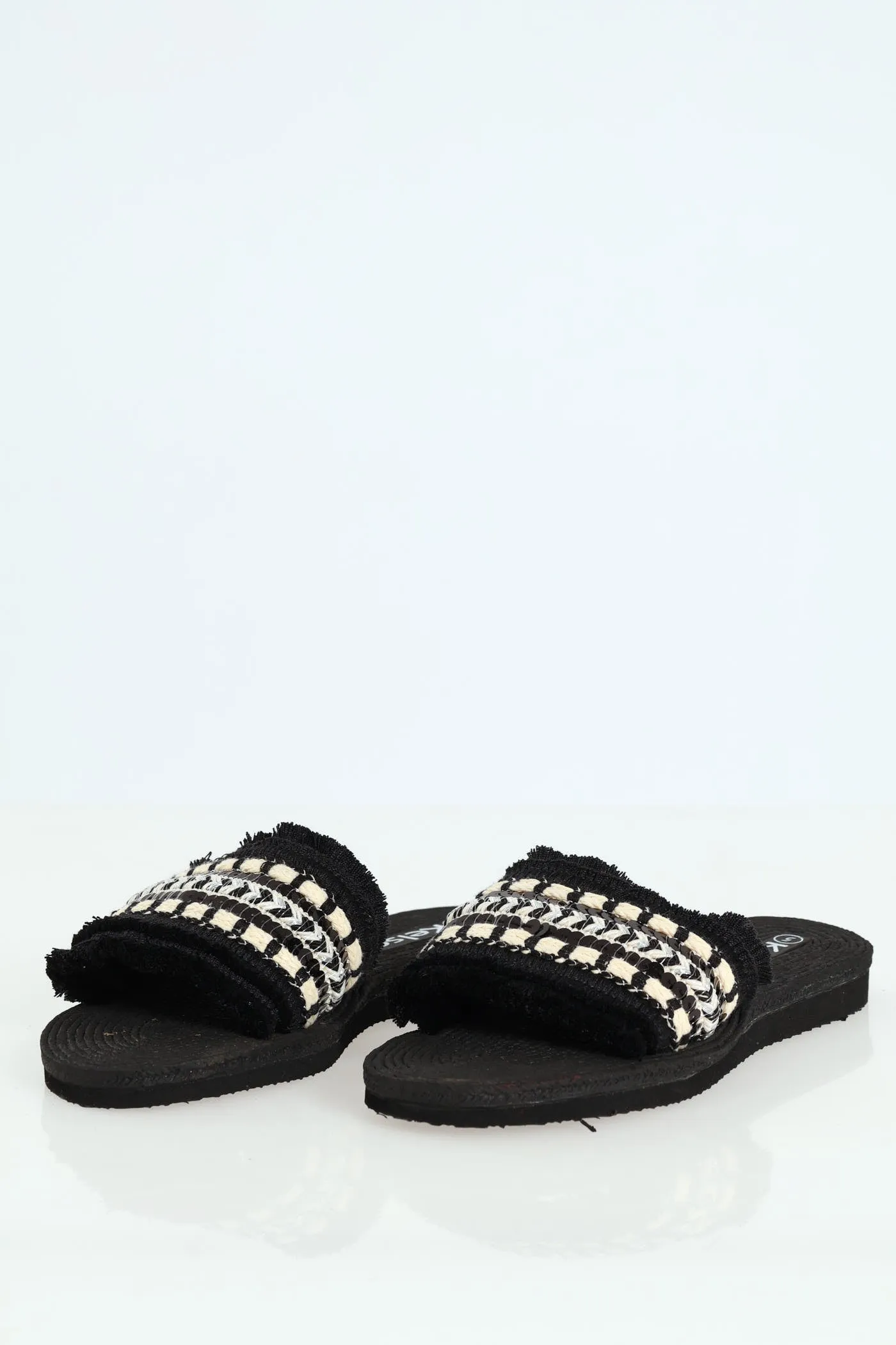 Aztec Print Tape Fringed Mule Sandal - Black