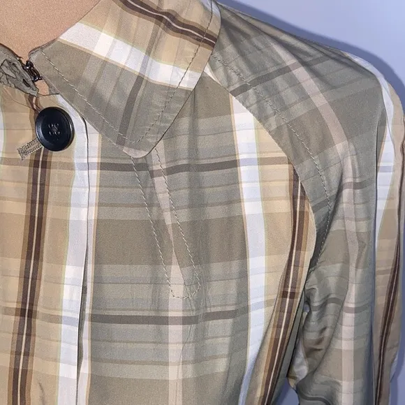 Banana Republic Olive Tan Cream Plaid Trench Rain Coat Size S