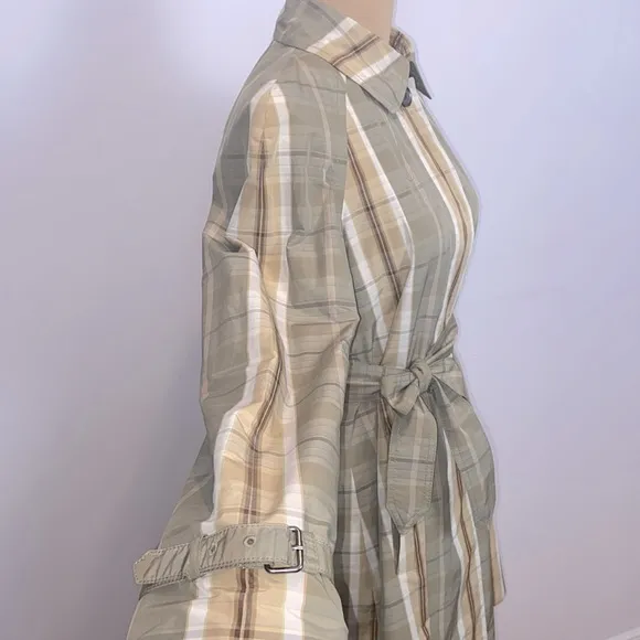 Banana Republic Olive Tan Cream Plaid Trench Rain Coat Size S