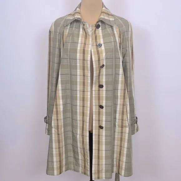 Banana Republic Olive Tan Cream Plaid Trench Rain Coat Size S