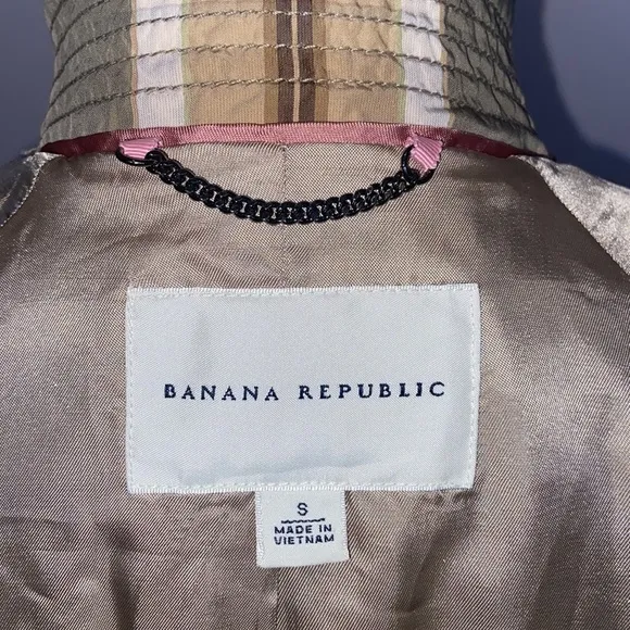 Banana Republic Olive Tan Cream Plaid Trench Rain Coat Size S