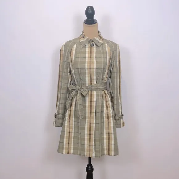 Banana Republic Olive Tan Cream Plaid Trench Rain Coat Size S
