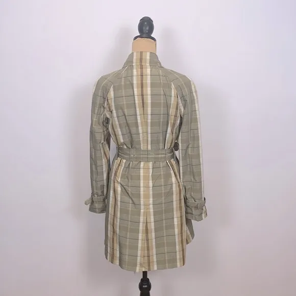 Banana Republic Olive Tan Cream Plaid Trench Rain Coat Size S