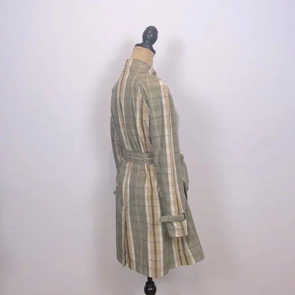 Banana Republic Olive Tan Cream Plaid Trench Rain Coat Size S