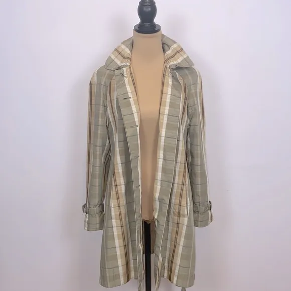 Banana Republic Olive Tan Cream Plaid Trench Rain Coat Size S