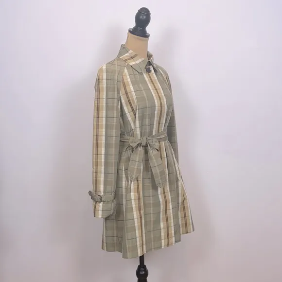 Banana Republic Olive Tan Cream Plaid Trench Rain Coat Size S