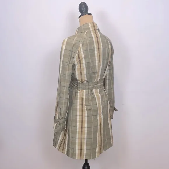 Banana Republic Olive Tan Cream Plaid Trench Rain Coat Size S