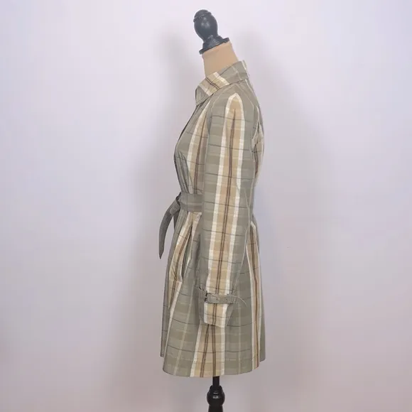 Banana Republic Olive Tan Cream Plaid Trench Rain Coat Size S