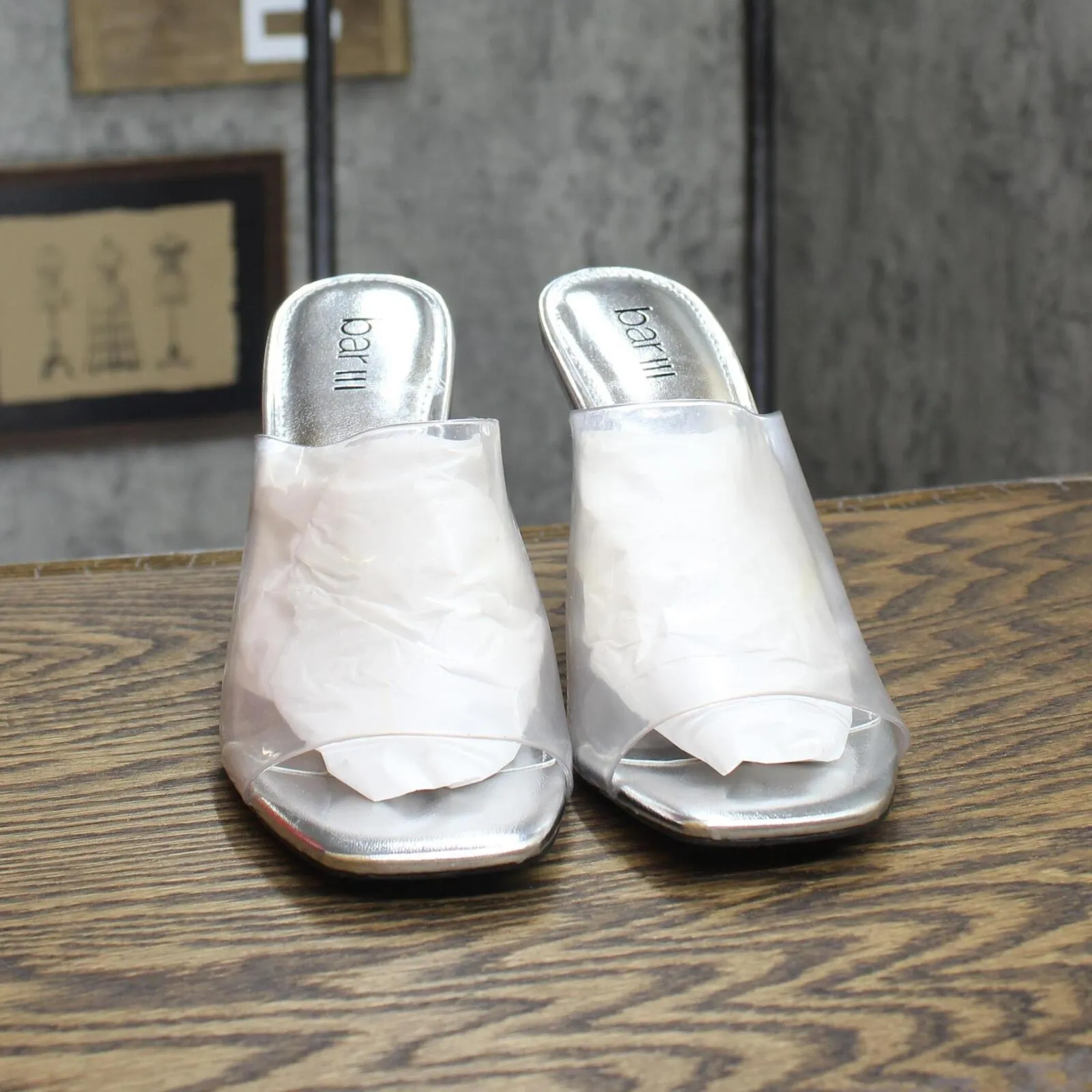 Bar III Womens Cherr Padded Insole Slip On Mule Sandals Clear Vinyl Gray 8.5M