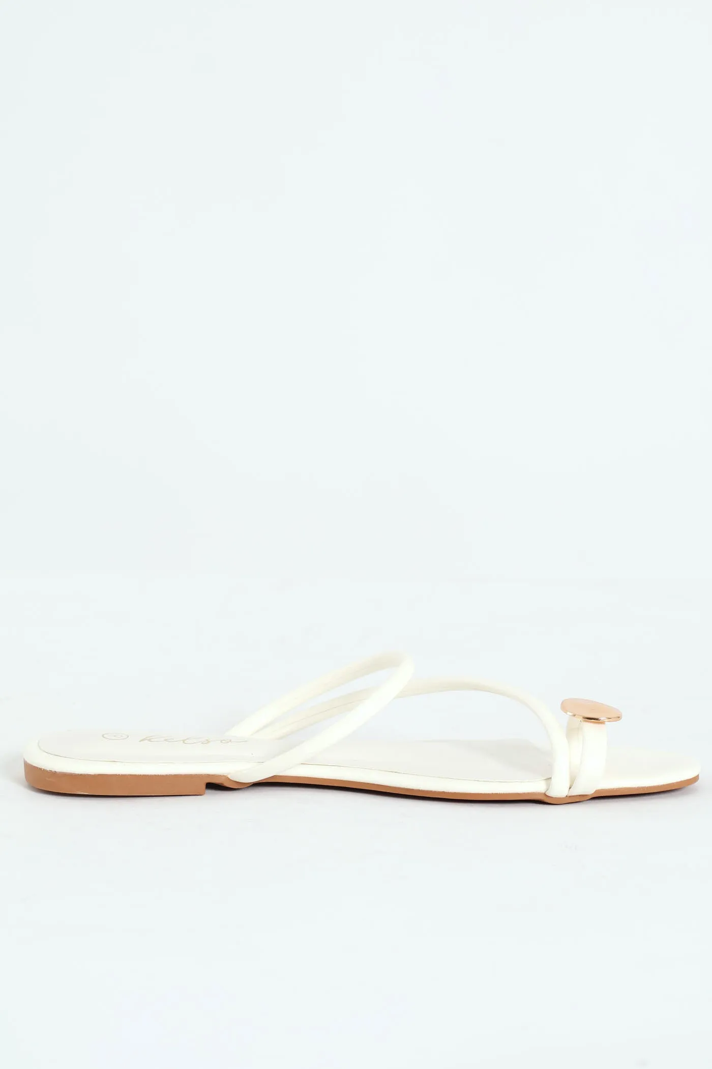 Basic Toe Post Mule Sandal With Metal Circle Trim - White