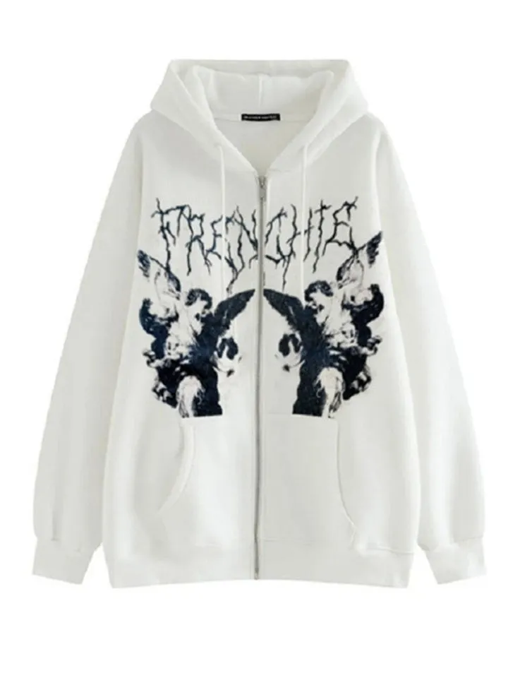 Casual Stylish Printed Loose Y2K Grunge Jacket Hoodie
