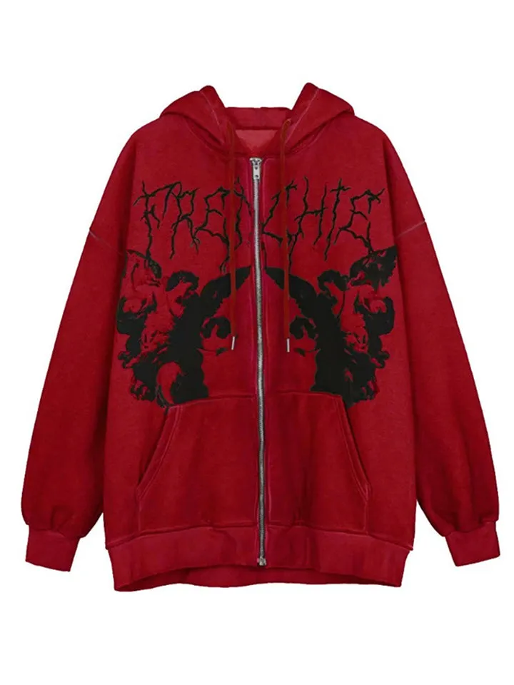 Casual Stylish Printed Loose Y2K Grunge Jacket Hoodie