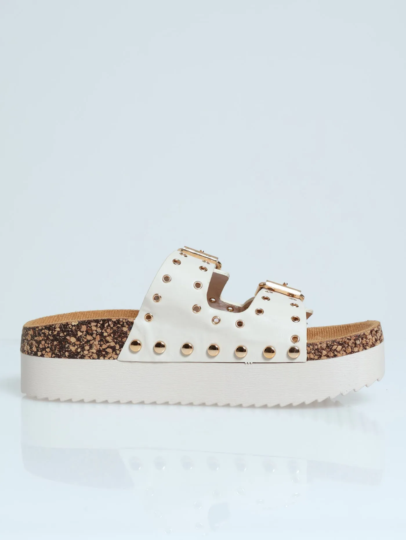 Chunky Slide Studded Mule Sandal with buckle & Eyelets - Off White