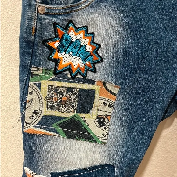 Denim Patchwork Shorts Large Distressed