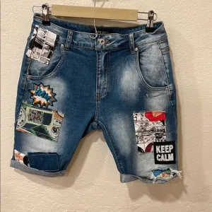 Denim Patchwork Shorts Large Distressed