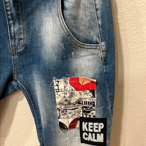 Denim Patchwork Shorts Large Distressed