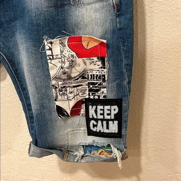 Denim Patchwork Shorts Large Distressed