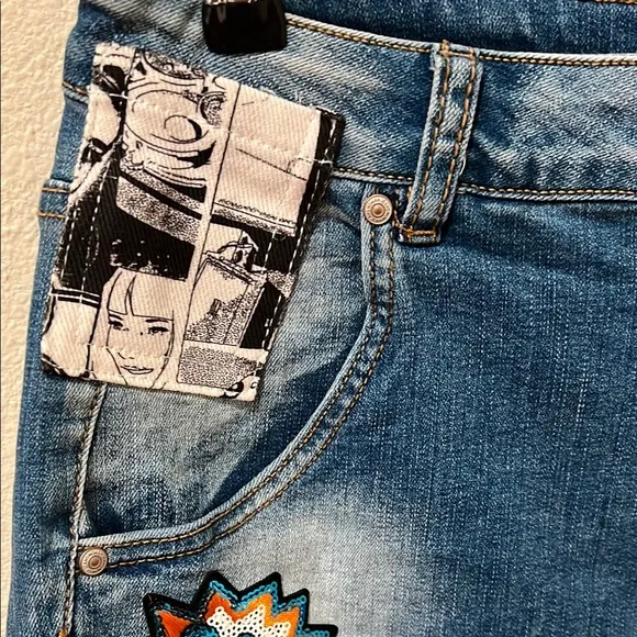 Denim Patchwork Shorts Large Distressed