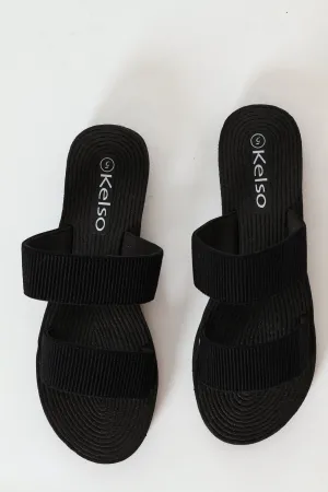 Double Elasticated Tape Mule Sandals - Black