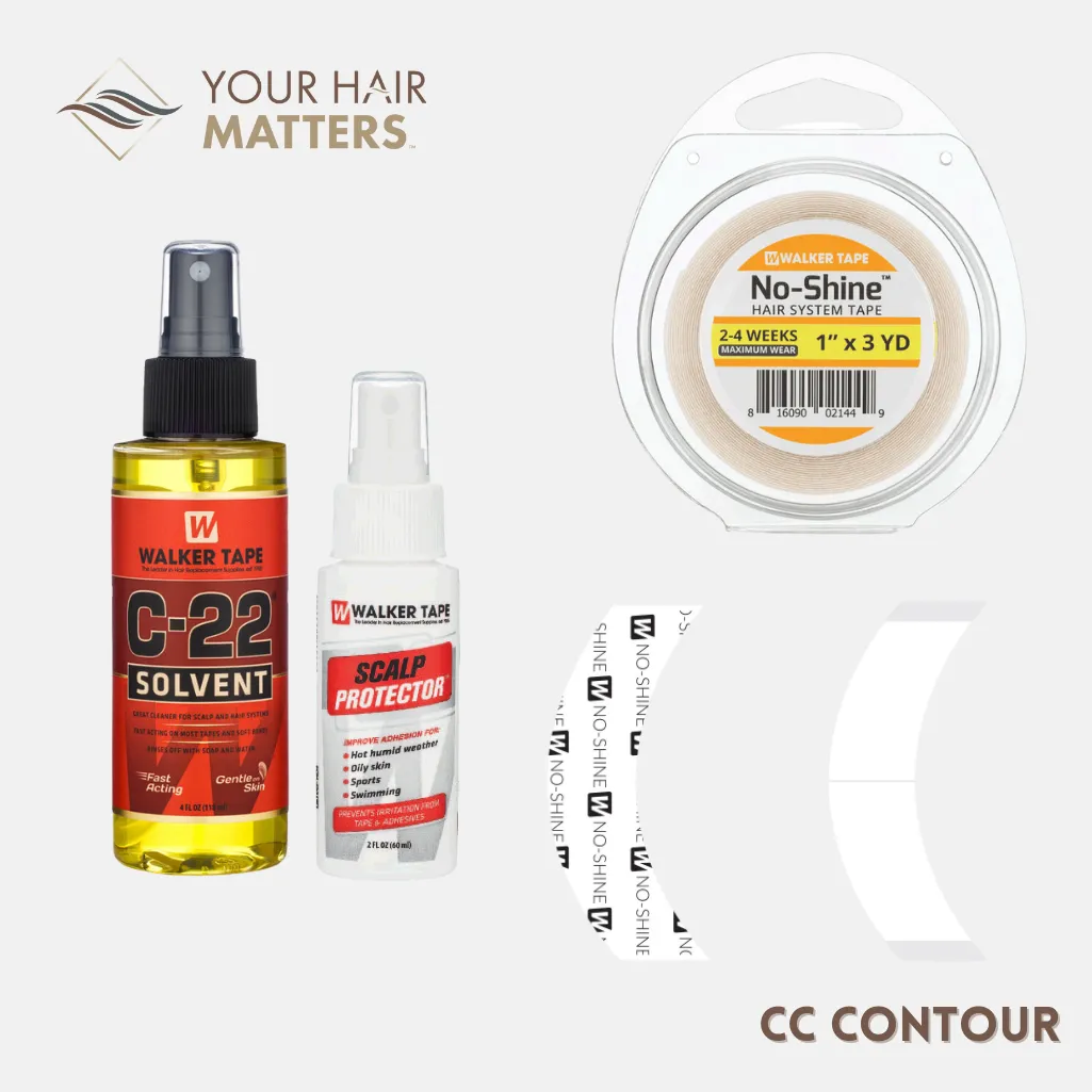 EASY INSTALL KIT *PLUS* - For Hair System 2-4 WEEK WEAR with TAPE ROLL, 36 CONTOUR STRIPS, C-22 SOLVENT, AND SCALP PROTECTOR (WALKER)