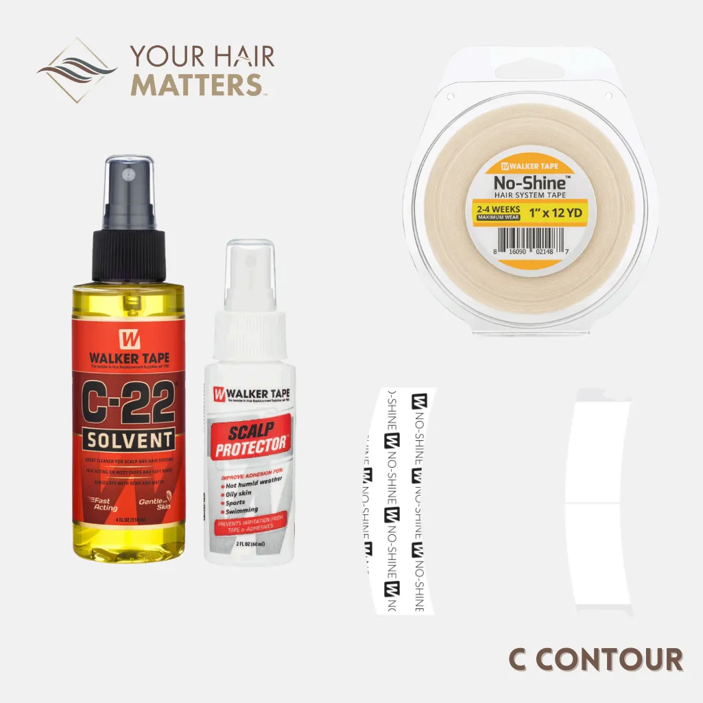 EASY INSTALL KIT *PLUS* - For Hair System 2-4 WEEK WEAR with TAPE ROLL, 36 CONTOUR STRIPS, C-22 SOLVENT, AND SCALP PROTECTOR (WALKER)