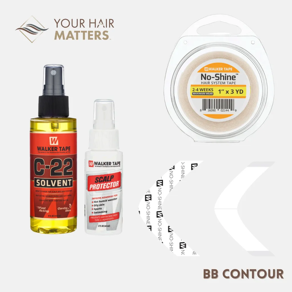 EASY INSTALL KIT *PLUS* - For Hair System 2-4 WEEK WEAR with TAPE ROLL, 36 CONTOUR STRIPS, C-22 SOLVENT, AND SCALP PROTECTOR (WALKER)
