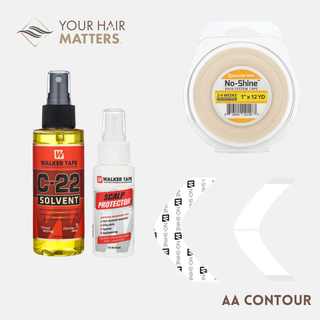 EASY INSTALL KIT *PLUS* - For Hair System 2-4 WEEK WEAR with TAPE ROLL, 36 CONTOUR STRIPS, C-22 SOLVENT, AND SCALP PROTECTOR (WALKER)