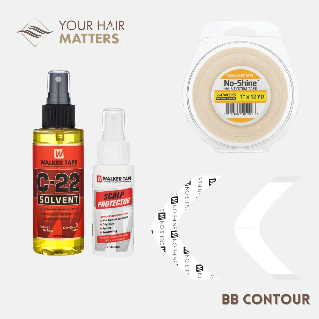 EASY INSTALL KIT *PLUS* - For Hair System 2-4 WEEK WEAR with TAPE ROLL, 36 CONTOUR STRIPS, C-22 SOLVENT, AND SCALP PROTECTOR (WALKER)