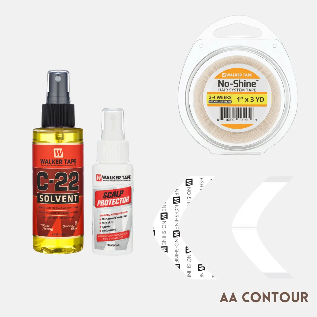 EASY INSTALL KIT *PLUS* - For Hair System 2-4 WEEK WEAR with TAPE ROLL, 36 CONTOUR STRIPS, C-22 SOLVENT, AND SCALP PROTECTOR (WALKER)