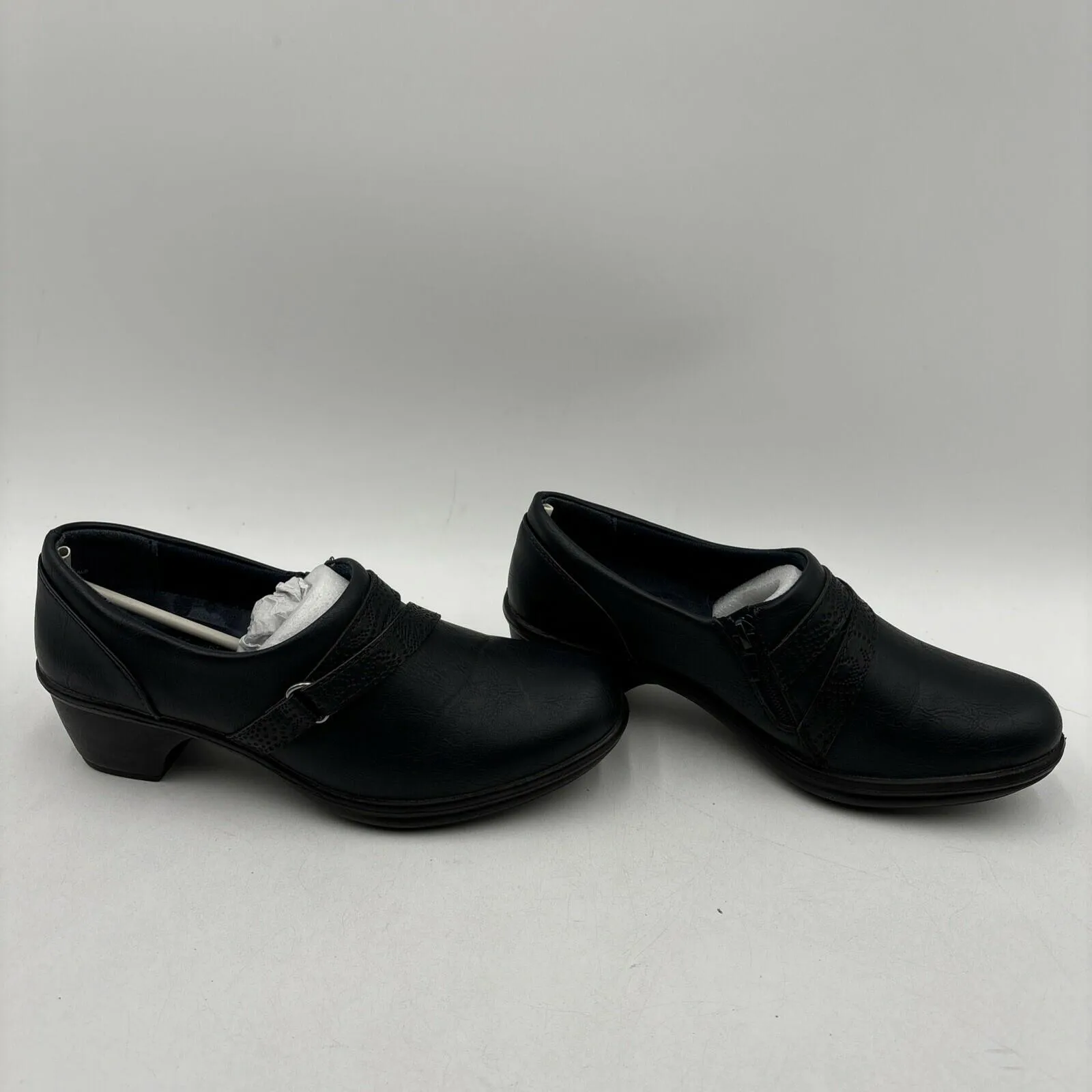 Easy Street RASIA Navy Faux Leather Round Toe Side Zip Block Heel Clogs, Size 8M - Very Good
