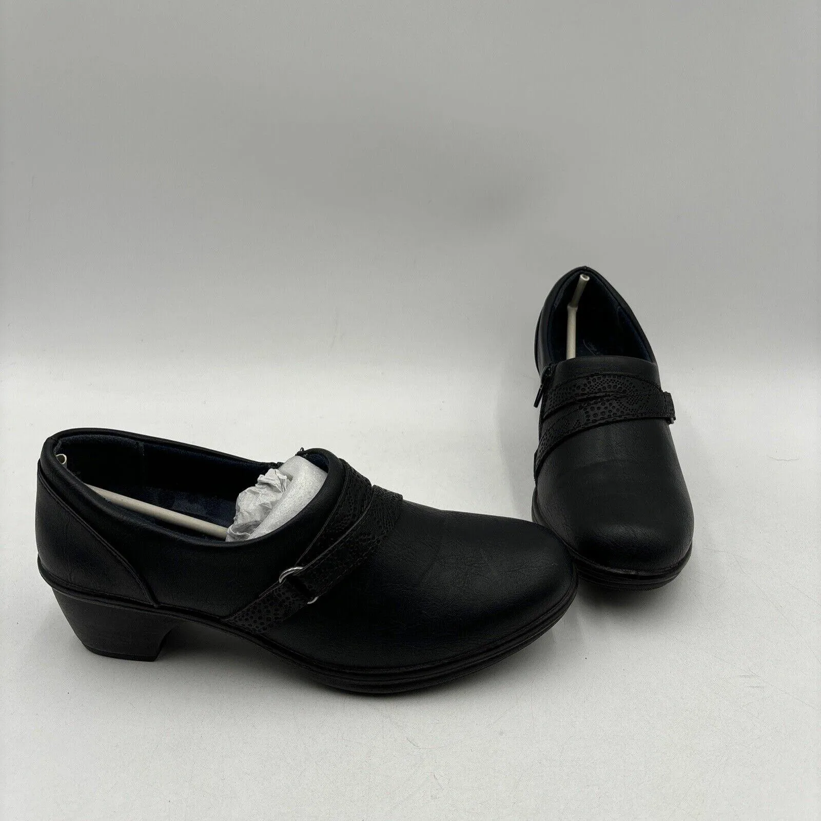 Easy Street RASIA Navy Faux Leather Round Toe Side Zip Block Heel Clogs, Size 8M - Very Good