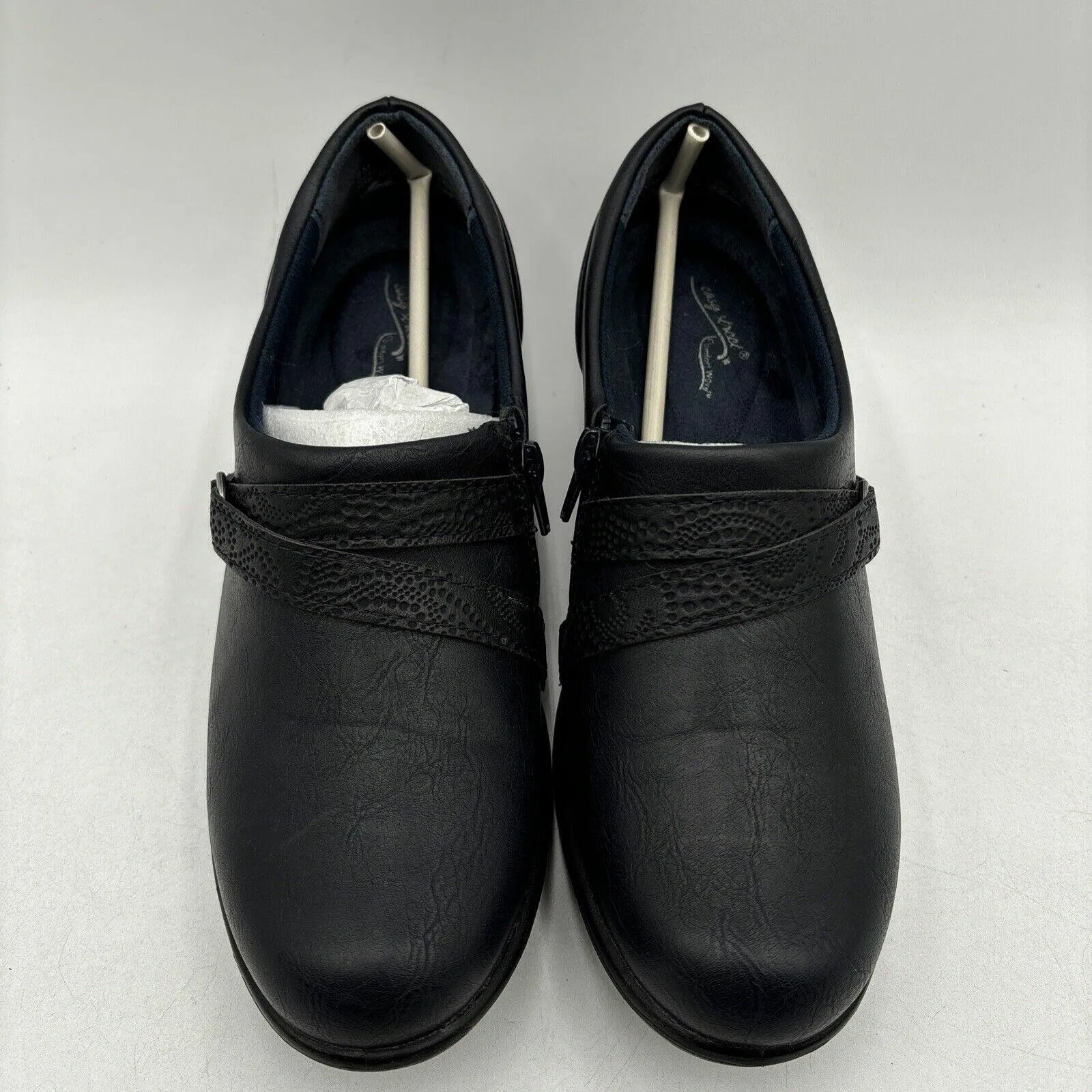 Easy Street RASIA Navy Faux Leather Round Toe Side Zip Block Heel Clogs, Size 8M - Very Good