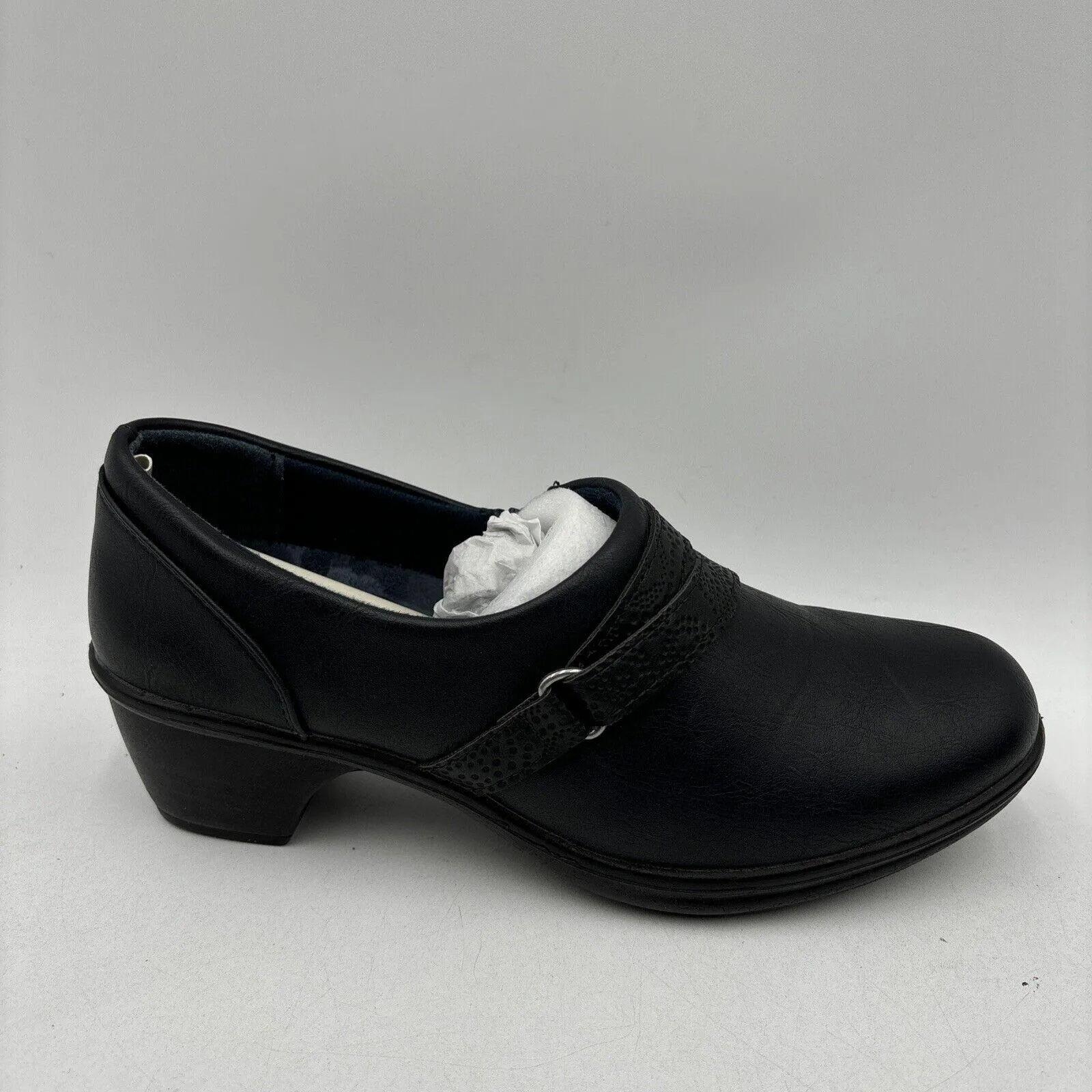 Easy Street RASIA Navy Faux Leather Round Toe Side Zip Block Heel Clogs, Size 8M - Very Good