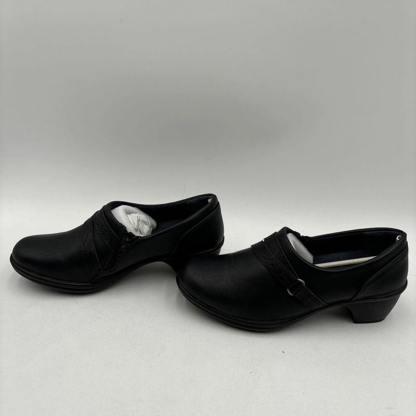 Easy Street RASIA Navy Faux Leather Round Toe Side Zip Block Heel Clogs, Size 8M - Very Good