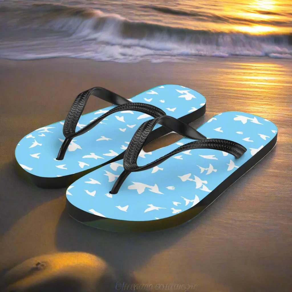 Eden Garden Blue White Bird Print Flip-Flops