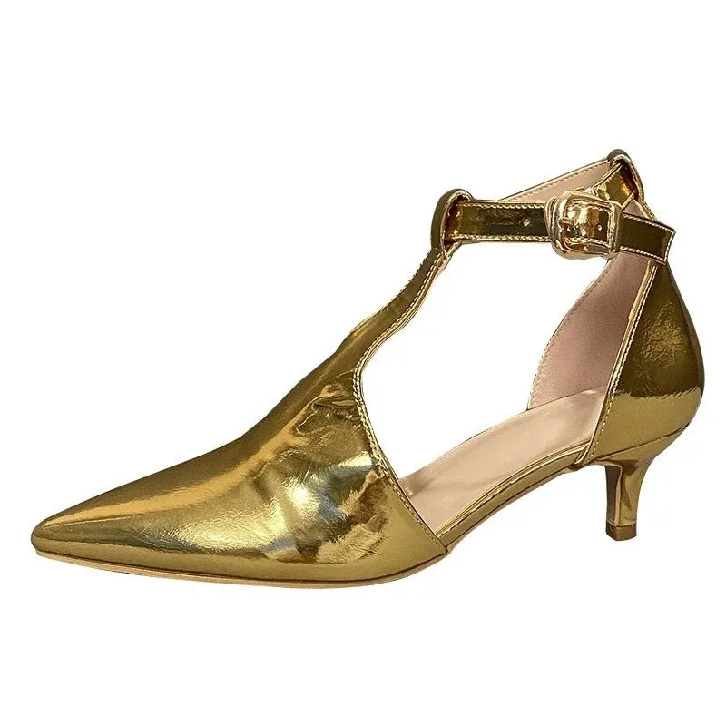 Gold Patent Leather Thin Heels T-strap Sandals Women Cut-outs Pointed Toe Shoes