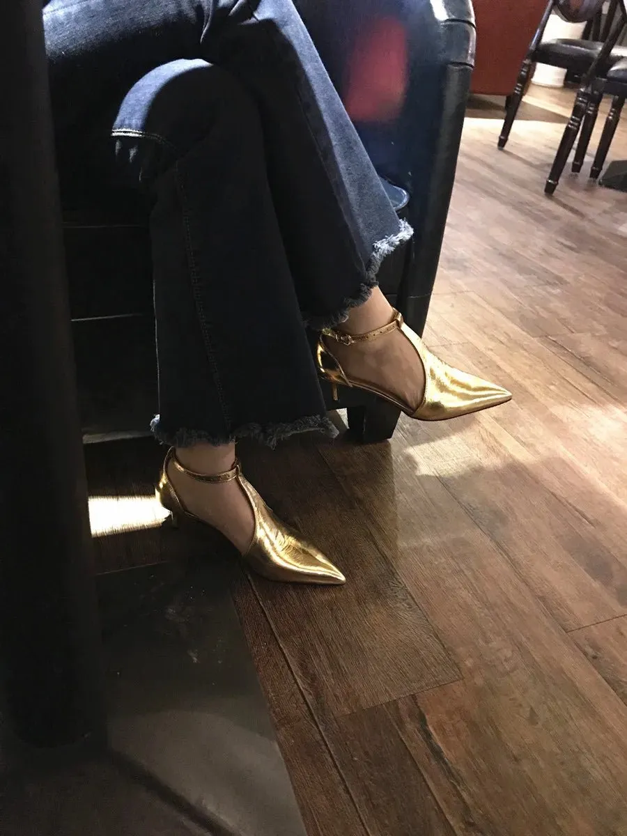 Gold Patent Leather Thin Heels T-strap Sandals Women Cut-outs Pointed Toe Shoes