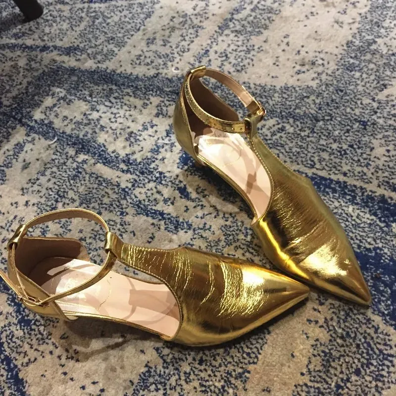 Gold Patent Leather Thin Heels T-strap Sandals Women Cut-outs Pointed Toe Shoes