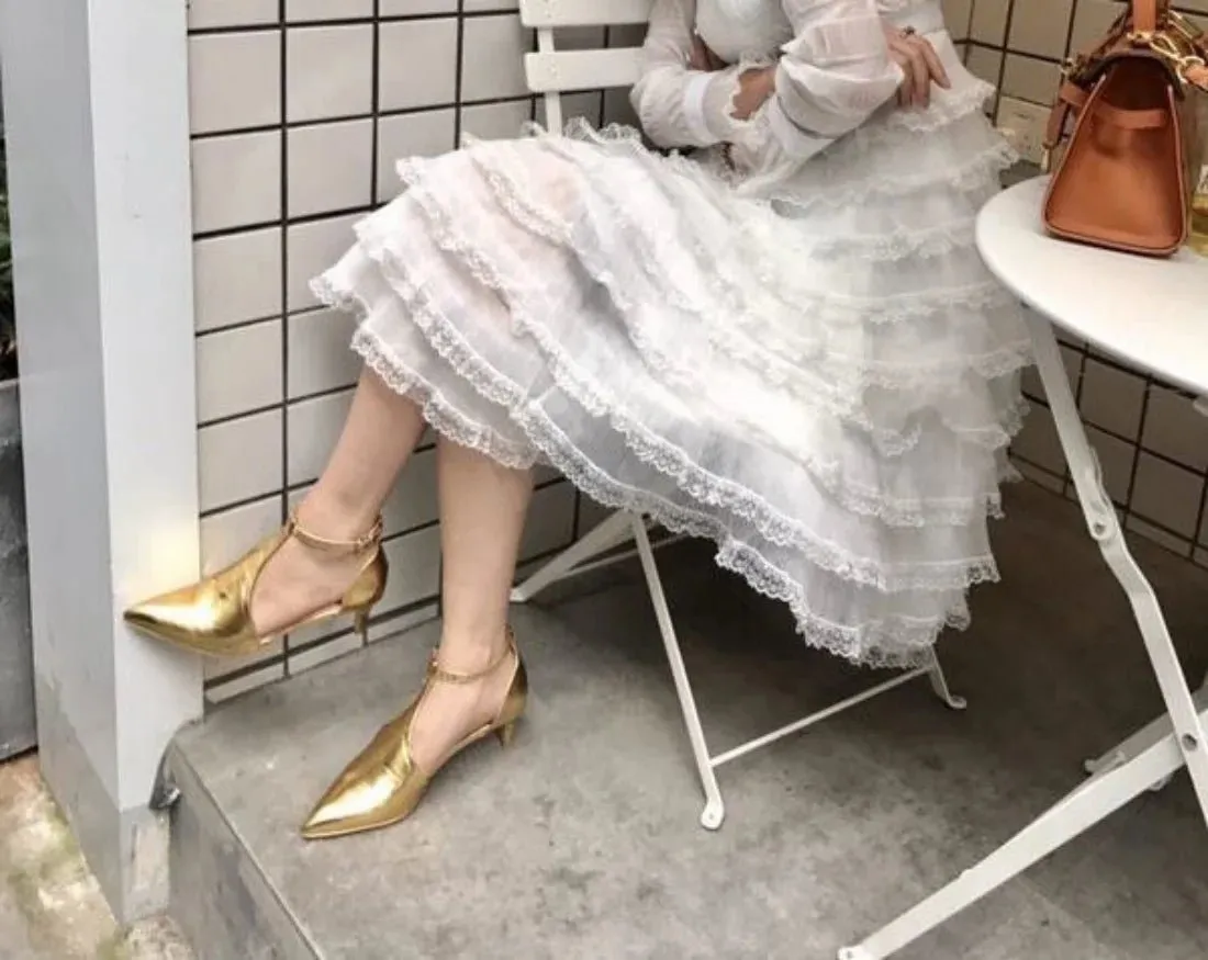 Gold Patent Leather Thin Heels T-strap Sandals Women Cut-outs Pointed Toe Shoes