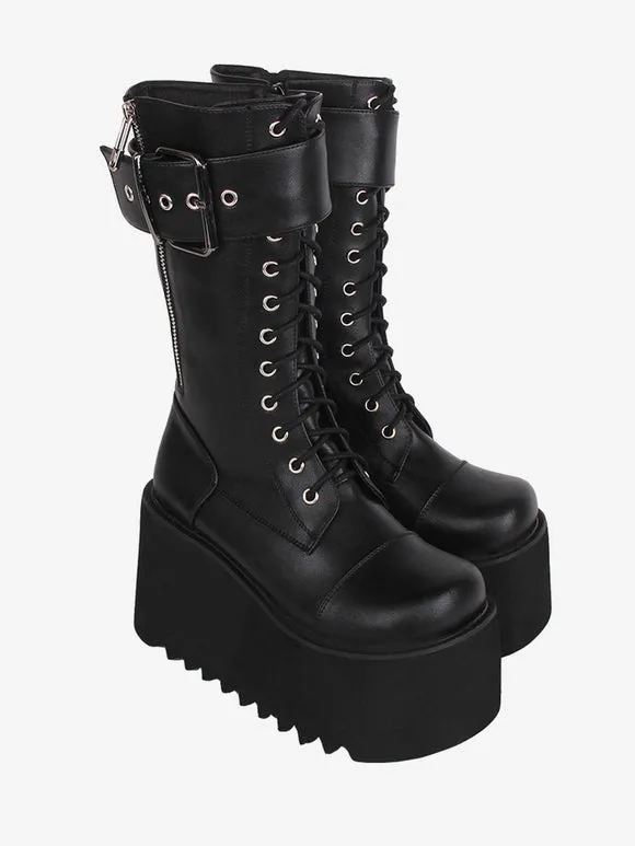 Gothic Lolita Boots Black PU Round Toe PU Leather Lolita Footwear